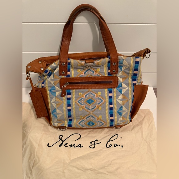 Nena & Co. Heritage Blue, Cream & Tan Embroidered Leather-Trim Tote - Picture 2 of 6